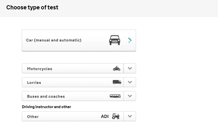 Choose your Driving Test type