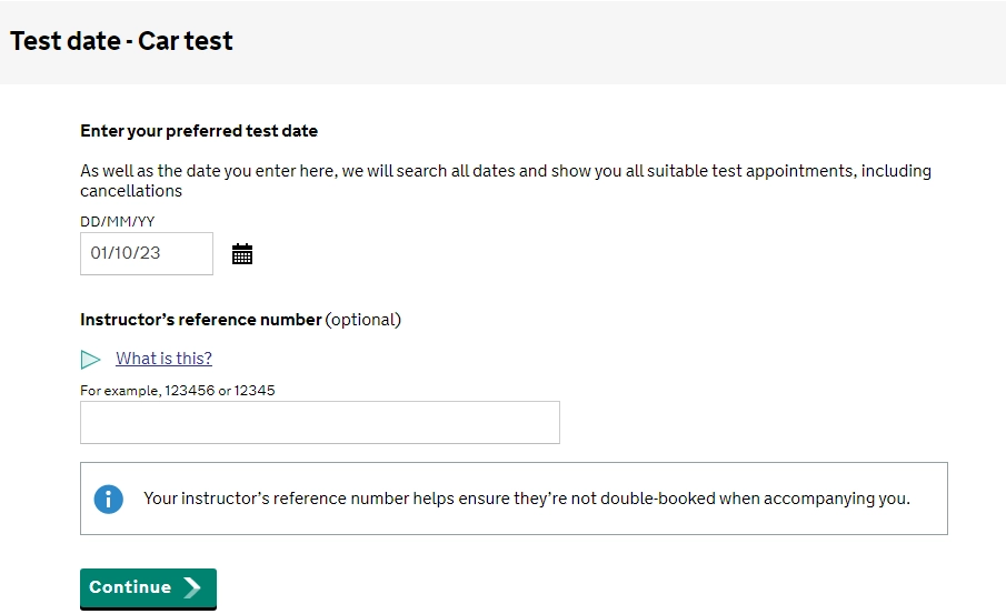 Enter preferred Driving Test date