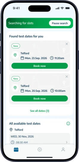 Test Hunter mobile app showing available driving test dates