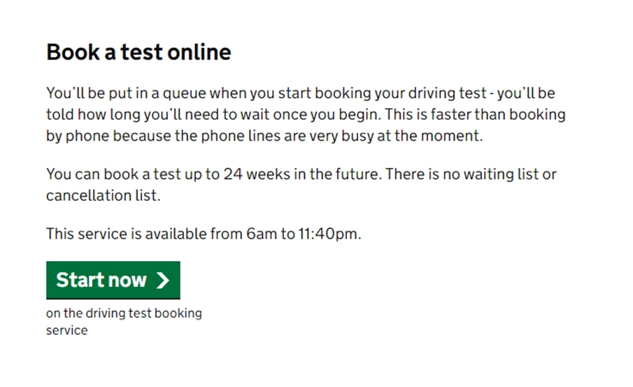 DVSA booking service start page