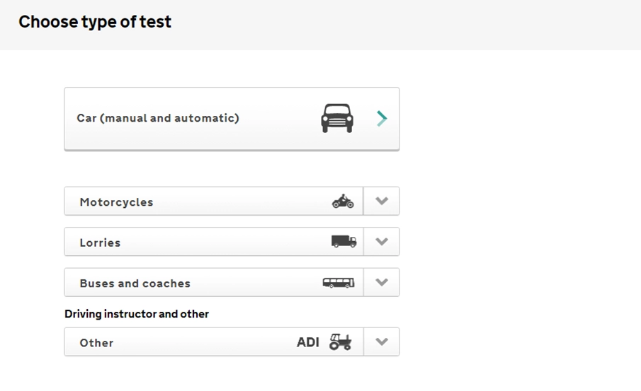 Choosing the type of driving test on the DVSA site