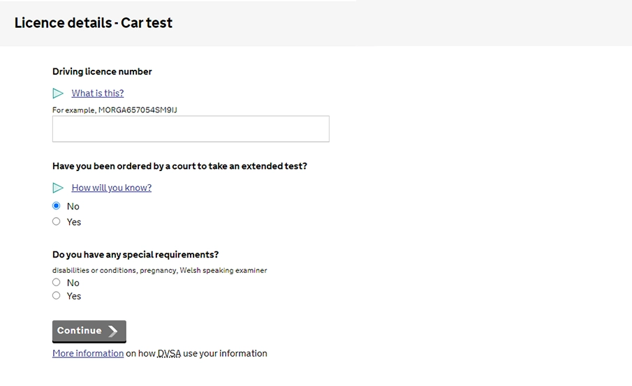 Entering licence details on the DVSA booking form