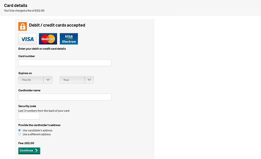 Paying for the driving test on the DVSA site