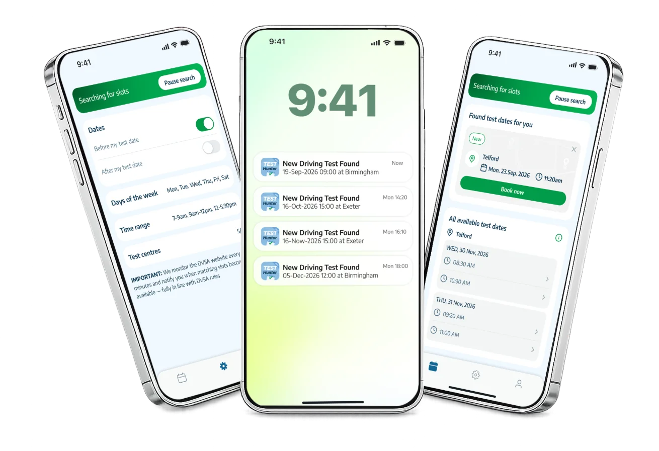 Three phones showing Test Hunter finding and confirming an earlier driving test date